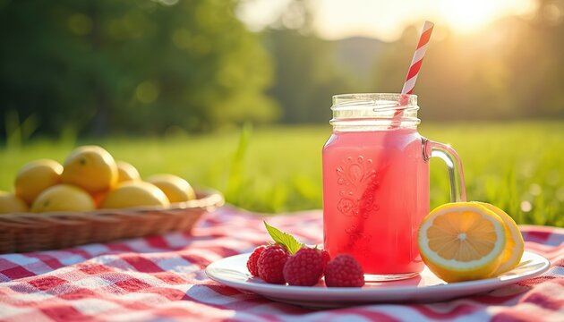 Pink lemonade in mason jar with striped straw rests on red checkered picnic blanket. Fresh raspberries, lemon half on white plate. Wicker basket of bright yellow lemons nearby. Perfect outdoor summer