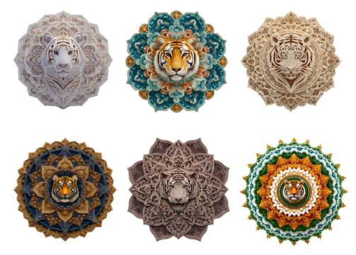 Set, collage. Mandala. Tiger. Geometric composition on a neutral transparent background. India. For designers, marketers, IT professionals. Popular image, illustration. - Powered by Adobe