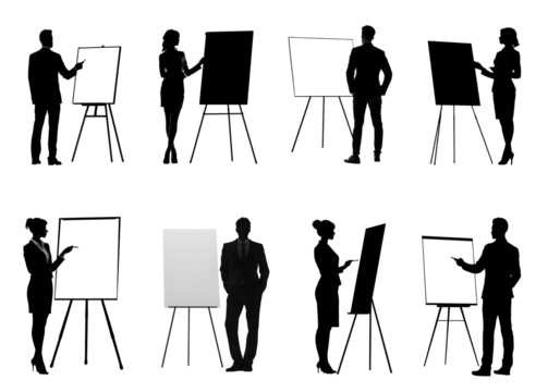 Set, collage. Silhouette of a business man, woman near a presentation board on a neutral white transparent background. Business, society, economy, health, relationships. For designers, marketers, IT. - Powered by Adobe
