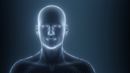Digital human head and shoulders with a glowing wireframe effect. 3D render