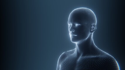 Digital human body model in a futuristic, technological representation. 3D render