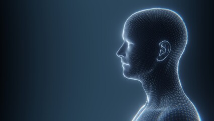 Digital human head profile with glowing wireframe on a dark blue background. 3D render