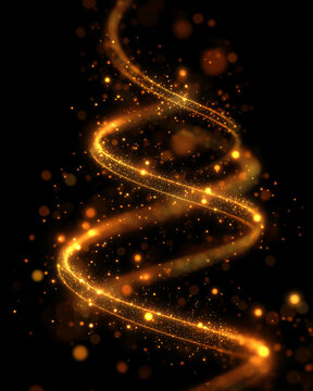 Swirling golden light creates a magical effect in a dark setting during nighttime hours 