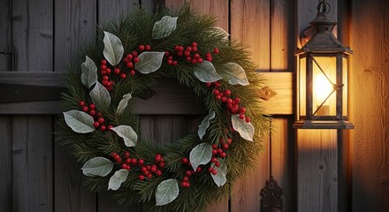 A festive evergreen wreath adorned with red berries and light green leaves hangs on a weathered wooden door next to a glowing lantern.