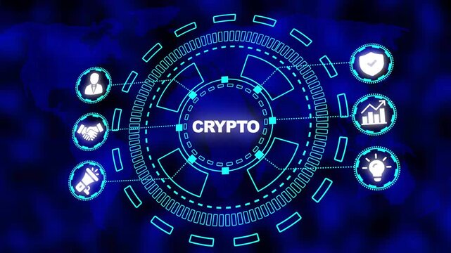 Crypto Network Concept with World Map and Financial Icons in Neon Blue cryptocurrency blockchain