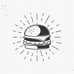 Burger icon with light rays. Vintage Hamburger with grunge effect. Vector illustration