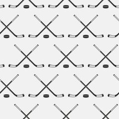 Ice Hockey background. Ice Hockey seamless pattern. Hockey sticks, cues with puck isolated on white background. Vector illustration.
