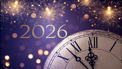 Obraz premium New Year 2026 Celebration with Clock and Sparkles: A Joyful Theme Embracing Moments of Happiness, Togetherness, and Cherished Memories.