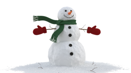 Happy Winter Snowman with Green Scarf and Red Mittens Isolated on White Background