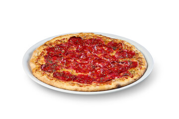 Pepperoni pizza on a white plate, perfect for italian food concepts, with a transparent background