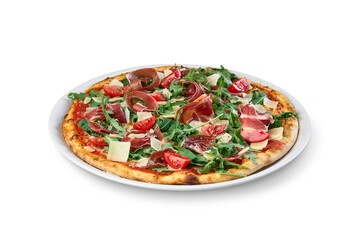 Delicious italian pizza featuring prosciutto, fresh arugula, parmesan cheese, and cherry tomatoes