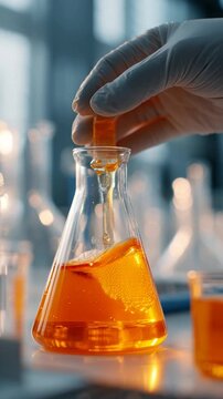 performing chemical testing using a dropper on a solution in a glass flask