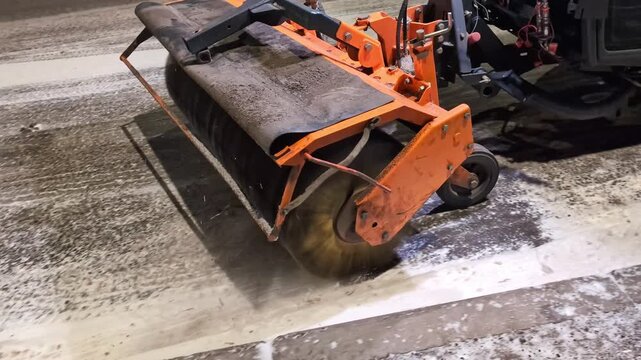 Snow removal work takes place on city streets during winter at night with a snow plow and salt spreader