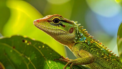 Obraz premium A brightly colored lizard with detailed scales rests on a green leaf, surrounded by blurred foliage and sunlit bokeh