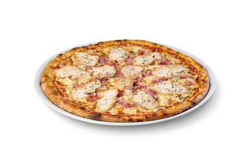 Delicious chicken and ham pizza, an italian fast food meal with cheese and herbs