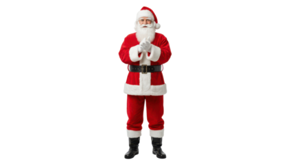Full body Santa Claus standing with clasped hands, isolated on white background