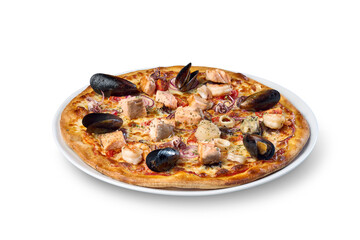 Gourmet seafood pizza featuring mussels, salmon, squid, and shrimp on a transparent background