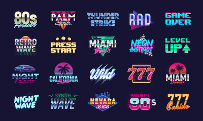 20 Colorful neon logo designs. Vector logo set in Retro 80s style. Retrowave logos set for Night club, Casino, music album, party invitation designs. Print for t-shirt. Vector illustration
