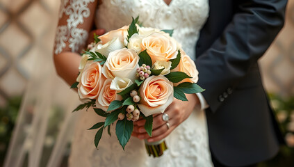 Bride holding a beautiful rose flower bouquet in her hands during the wedding celebration