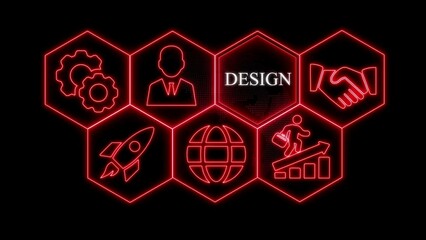 Red Neon Hexagon Icons Depicting Design Concepts on Black Background business creativity