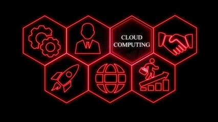 Red Neon Hexagons Depicting Cloud Computing Concepts with Gears Rocket Globe and Handshake technology