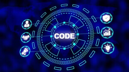 Digital concept of coding and software development with icons on a world map background programming - Powered by Adobe