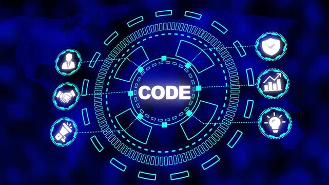 Digital concept of coding and software development with icons on a world map background programming