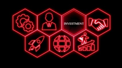 Red Neon Hexagons With Business Icons And Investment Text On Black Background finance strategy