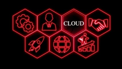 Red Neon Hexagons with Business Icons and the Word Cloud on Black Background computing data