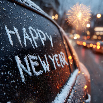 happy new year written with a finger on an icy car window. New years fireworks in the background