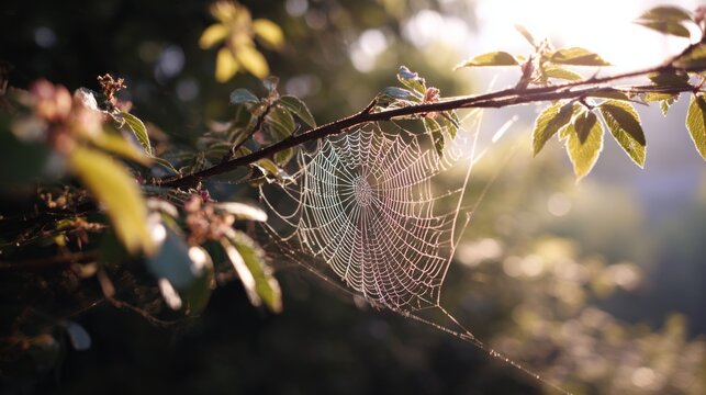 Intricate Spider Web Glimmering with Morning Dew on a Delicate Branch Surrounded by Lush Green Leaves and Soft Sunlight Filtering Through the Trees - Powered by Adobe