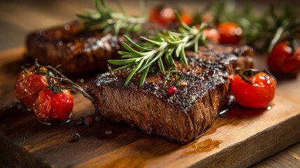 Juicy Grilled Steak with Fresh Rosemary and Cherry Tomatoes on Wooden Cutting Board in Cozy Kitchen Setting