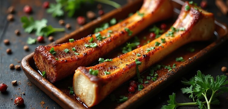 Roasted beef marrow bones on wooden tray with herbs. Gourmet dish served as delicious appetizer for dinner or lunch. Protein rich carnivore food prepared in oven in restaurant