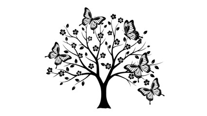 Black silhouette of a blooming tree with butterflies, isolated on white background.