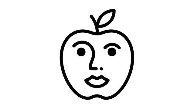 Apple with face, simple outline icon, symbol of healthy food and personification