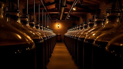 carboys. Rows of glass carboys in a wine cellar with warm ambient lighting. bar promotions, beverage menus, designed for product packaging and bar promotions.