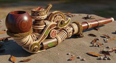Intricately crafted wooden pipe artistic representation on textured surface