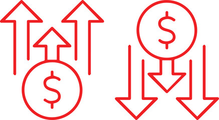 simple black and white financial icons,arrows pointing up and down,dollar sign icon,minimalist vector illustration