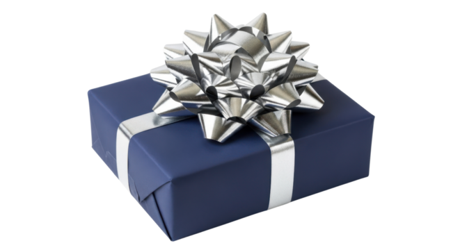 Blue gift box with silver ribbon and star bow on black background navy dark, Isolated On Png Transparent Background - Powered by Adobe