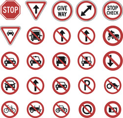 Assortment of Red and White Traffic and Road Signs Collection symbol warning