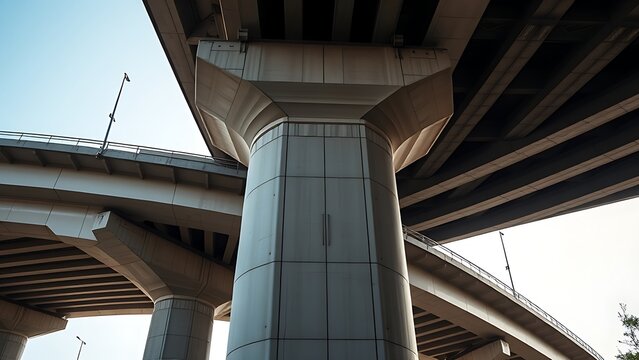 nationalizing. Massive bridge pillar supporting elevated roadway with architectural detail in daylight. real-estate listings.