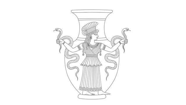 Minoan snake goddess with serpents on ancient ceramic vase illustration