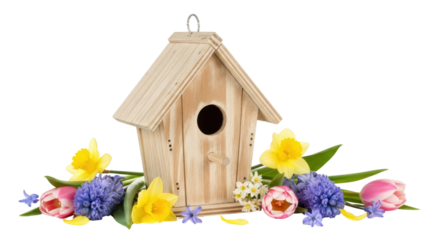 Wooden birdhouse with spring flowers daffodils tulips hyacinths on black nature, Isolated On Png Transparent Background