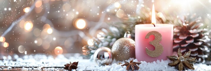 Gaudete Sunday concept: Third Advent Sunday panoramic banner: pink rose candle with gold number 3 and copy space. Advent  bokeh lights background