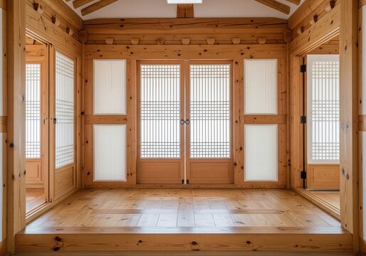 Traditional korean hanok interior with wooden floor and sliding paper doors and windows
