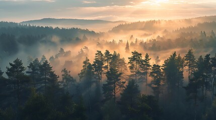 Sunrise over misty pine forest soft golden light atmospheric beautiful scenic outdoor landscape background high resolution nature photography