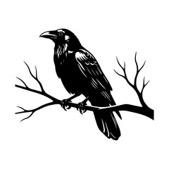 Naklejka premium A striking black vector silhouette of a wise-looking crow or raven perched on a bare, stylized branch. This detailed, graphic design conveys mystery, intelligence, and a connection to the wild.