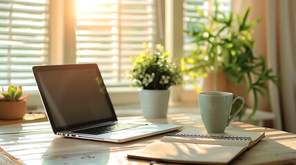 Minimal home-office desk laptop notebook coffee cup houseplan professional corporate office workspace concept high quality business stock photo