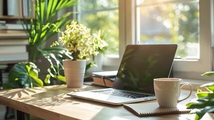 Minimal home-office desk laptop notebook coffee cup houseplan professional corporate office workspace concept high quality business stock photo