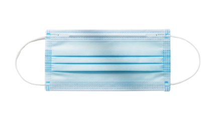 Light blue disposable face mask with white ear loops on black background medical protection, Isolated On Png Transparent Background